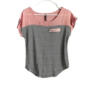 Pink Mesh and White Black Striped Zipper Pocket Tee